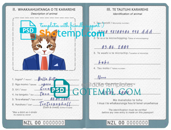 free New Zealand cat (animal, pet) passport PSD template, fully editable