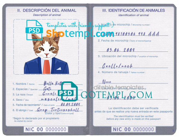 free Nicaragua cat (animal, pet) passport PSD template, fully editable