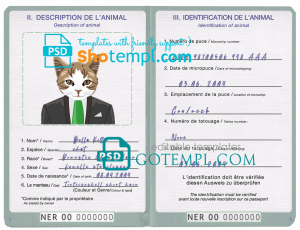 free Niger cat (animal, pet) passport PSD template, completely editable