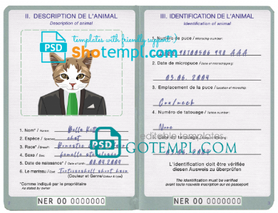 free Niger cat (animal, pet) passport PSD template, completely editable