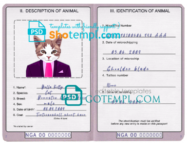free Nigeria cat (animal, pet) passport PSD template, fully editable