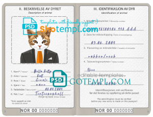 free Norway cat (animal, pet) passport PSD template, fully editable