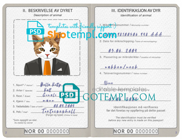 free Norway cat (animal, pet) passport PSD template, fully editable