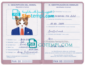 free Panama cat (animal, pet) passport PSD template, completely editable