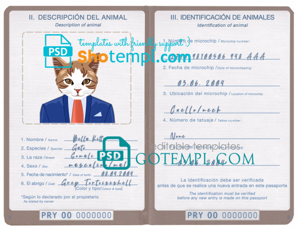 free Paraguay cat (animal, pet) passport PSD template, fully editable