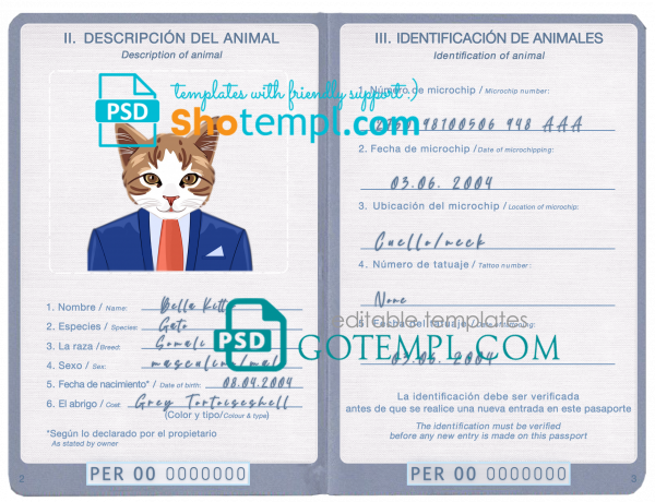 free Peru cat (animal, pet) passport PSD template, completely editable