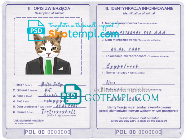 free Poland cat (animal, pet) passport PSD template, fully editable