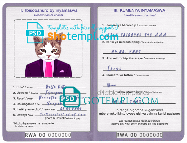 free Rwanda cat (animal, pet) passport PSD template, fully editable