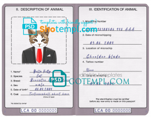 free Guinea-Bissau cat (animal, pet) passport PSD template, completely editable