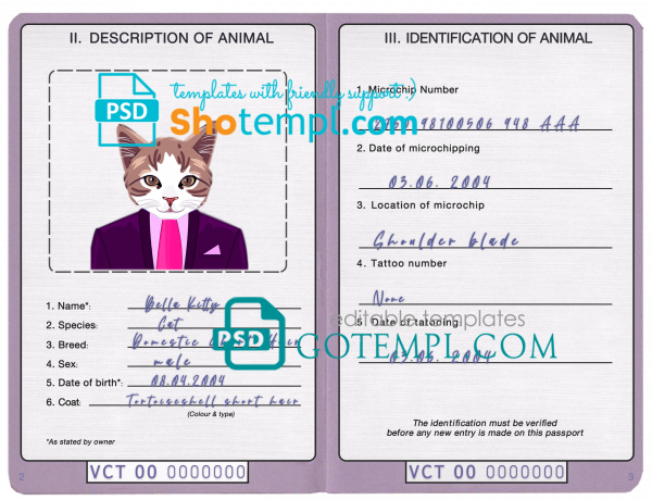 free Saint Vincent and the Grenadines cat (animal, pet) passport PSD template, fully editable