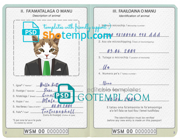 free Samoa cat (animal, pet) passport PSD template, completely editable