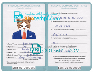 free Central African Republic cat (animal, pet) passport PSD template, completely editable