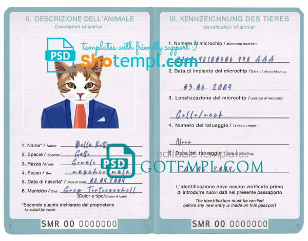 free San Marino cat (animal, pet) passport PSD template, fully editable
