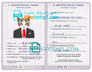 free Senegal cat (animal, pet) passport PSD template, fully editable