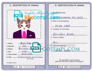 free Sierra Leone cat (animal, pet) passport PSD template, fully editable