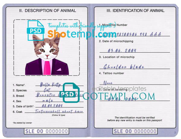 free Sierra Leone cat (animal, pet) passport PSD template, fully editable