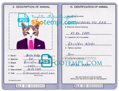 free Sierra Leone cat (animal, pet) passport PSD template, fully editable