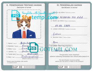 free Singapore cat (animal, pet) passport PSD template, fully editable