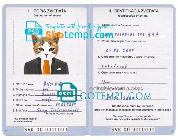 free Slovakia cat (animal, pet) passport PSD template, fully editable