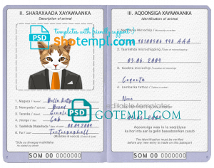 free Somalia cat (animal, pet) passport PSD template, fully editable