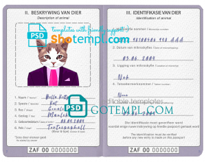 free South Africa cat (animal, pet) passport PSD template, fully editable