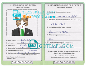 free Switzerland cat (animal, pet) passport PSD template, fully editable