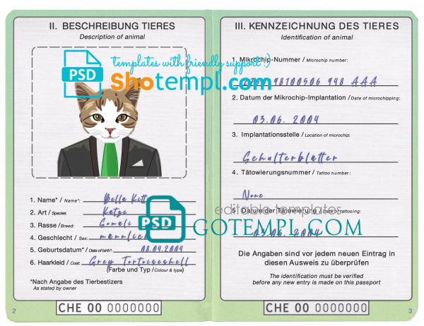 free Switzerland cat (animal, pet) passport PSD template, fully editable