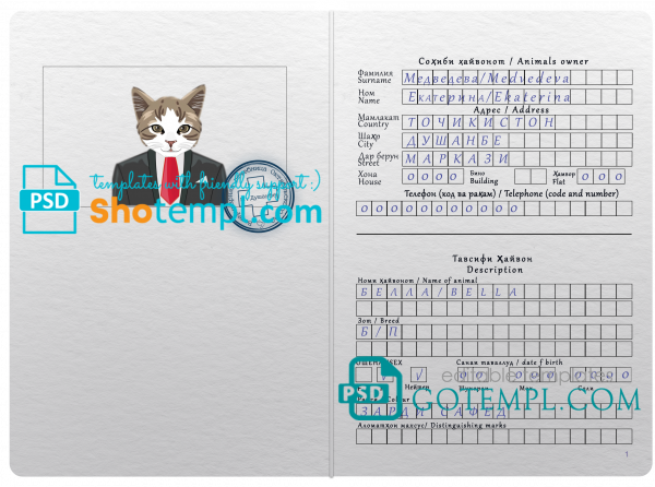 free Tajikistan cat (animal, pet) passport PSD template, fully editable