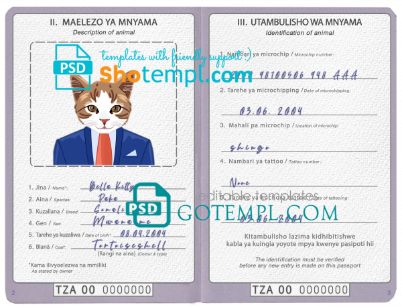 free Tanzania cat (animal, pet) passport PSD template, completely editable