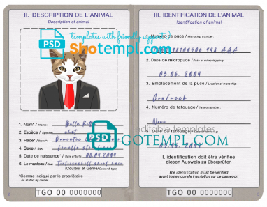 free Togo cat (animal, pet) passport PSD template, completely editable