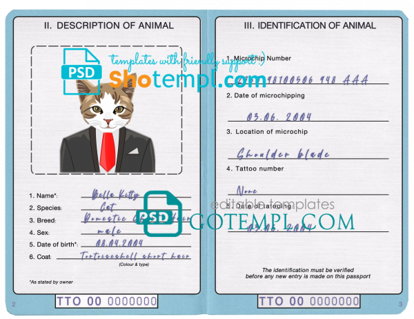 free Trinidad and Tobago cat (animal, pet) passport PSD template, fully editable