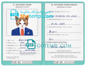free Turkey cat (animal, pet) passport PSD template, completely editable