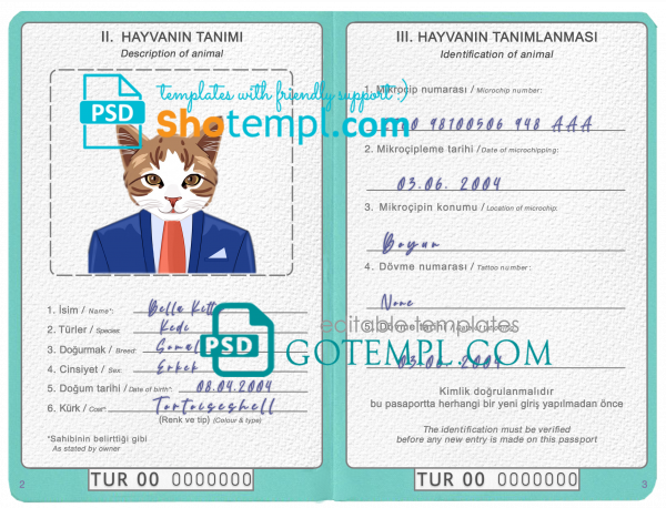 free Turkey cat (animal, pet) passport PSD template, completely editable
