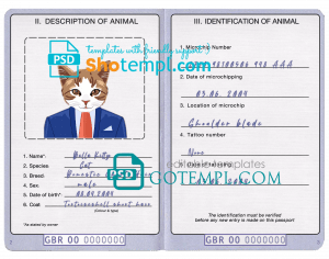 free United Kingdom cat (animal, pet) passport PSD template, fully editable