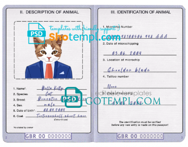 free United Kingdom cat (animal, pet) passport PSD template, fully editable