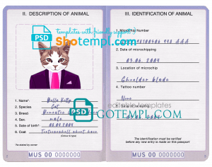 free United States of America cat (animal, pet) passport PSD template, fully editable