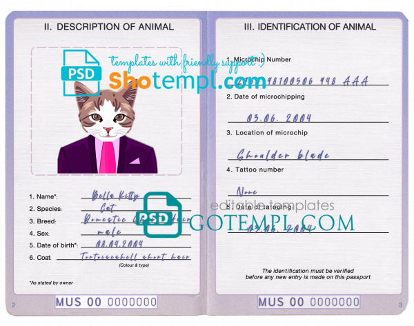 free United States of America cat (animal, pet) passport PSD template, fully editable