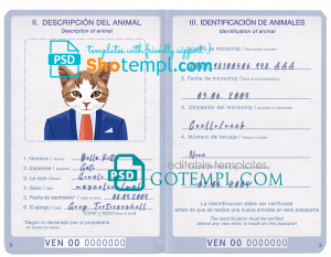 free Venezuela cat (animal, pet) passport PSD template, fully editable