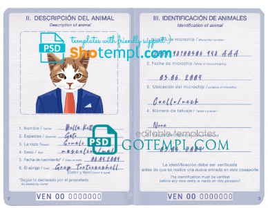 free Venezuela cat (animal, pet) passport PSD template, fully editable