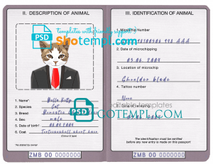 free Zambia cat (animal, pet) passport PSD template, fully editable