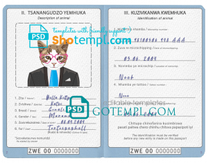 free Zimbabwe cat (animal, pet) passport PSD template, completely editable