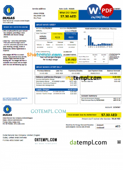 UAE Dubai Natural Gas Company Limited (Dugas) utility bill template in Word and PDF format