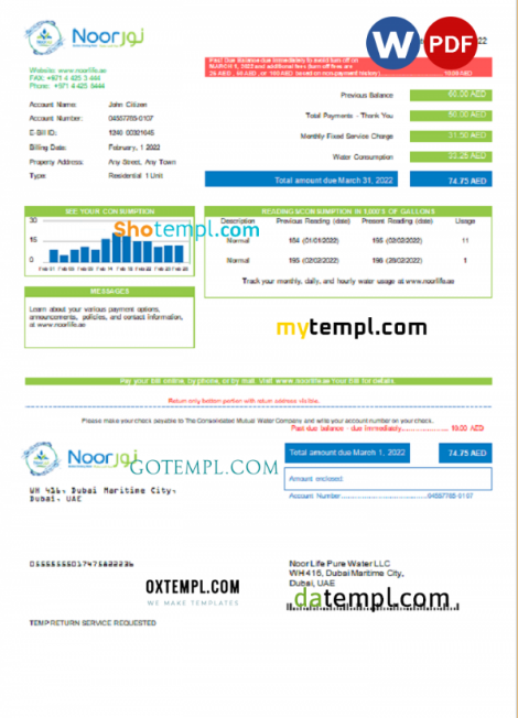 UAE Noor Life Pure Water LLC utility bill template in Word and PDF format