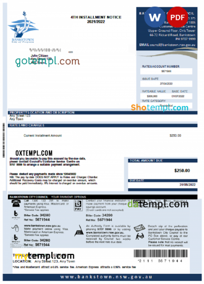 Australia NSW Bankstown City Council utility bill Word and PDF template