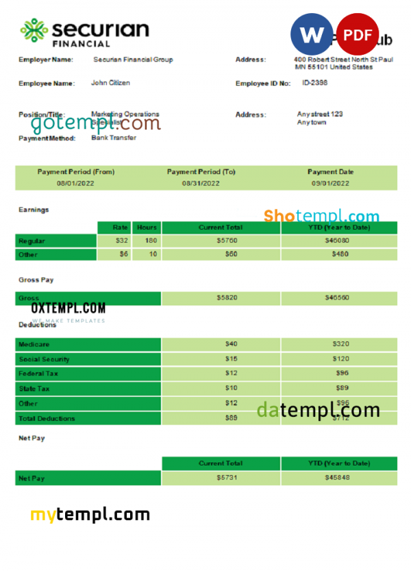 USA insurance company employee sheet template in Word and PDF format