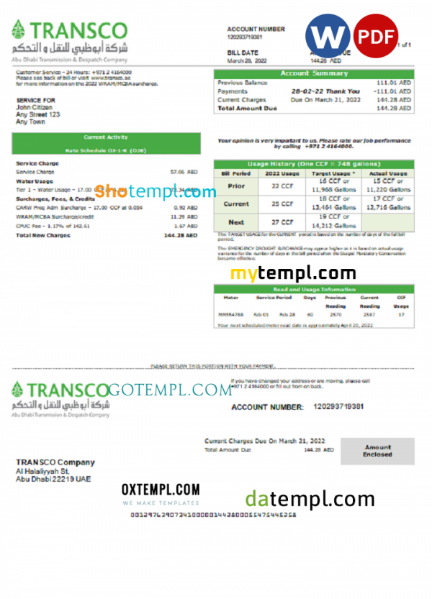 UAE Abu Dhabi Transmission & Despatch Company (TRANSCO) utility bill template in Word and PDF format