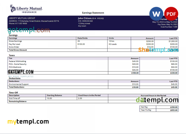 USA insurance company earning statement template in Word and PDF format, version 2