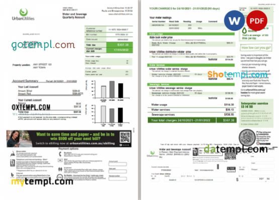 Australia Urban Utilities .doc and .pdf utility bill template