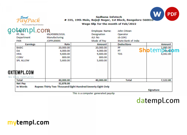 India Sadhana infotech pharmaceutical company pay stub Word and PDF template