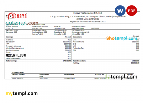 India Sensys technologies Pvt IT technologies pay stub Word and PDF template